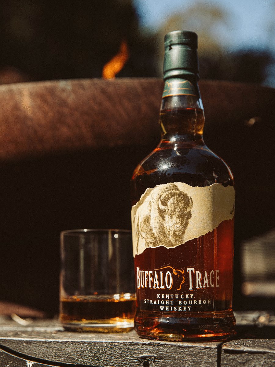 Buffalo Trace Kentucky Straight Bourbon Whiskey by a fire