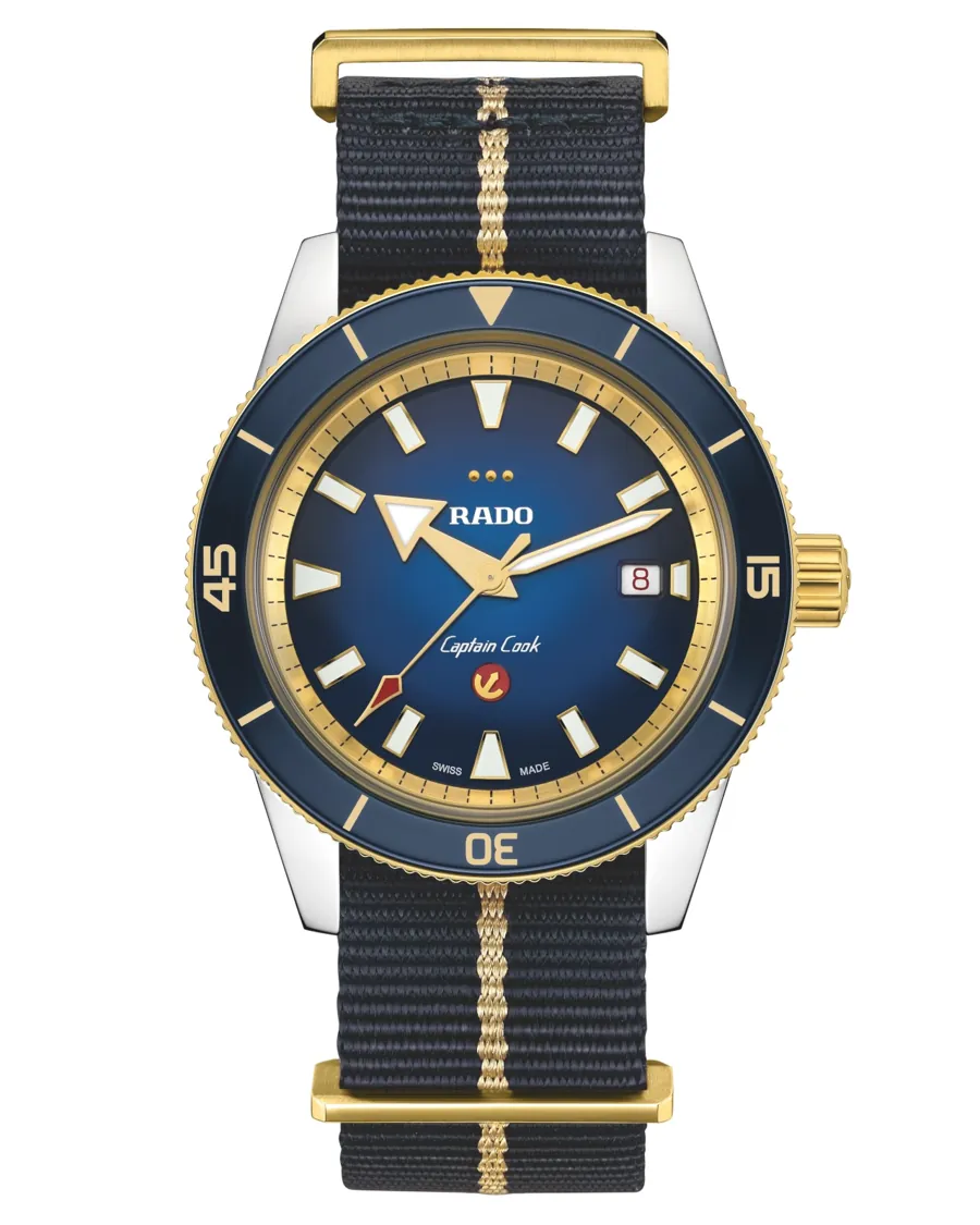 Captain Cook x European Cricket on a dark blue and gold NATO-style strap