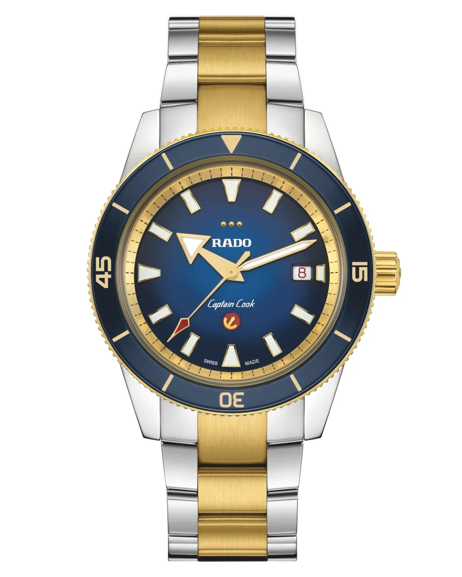 Captain Cook x European Cricket on its steel bracelet with gold-tone centre links